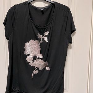 White House Black Market rose gold sequin flower tee size M